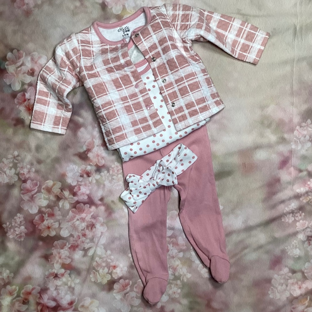 1762. Chick Pea Baby Girl Cream & Mauve 5pc Set 6-9 mos.